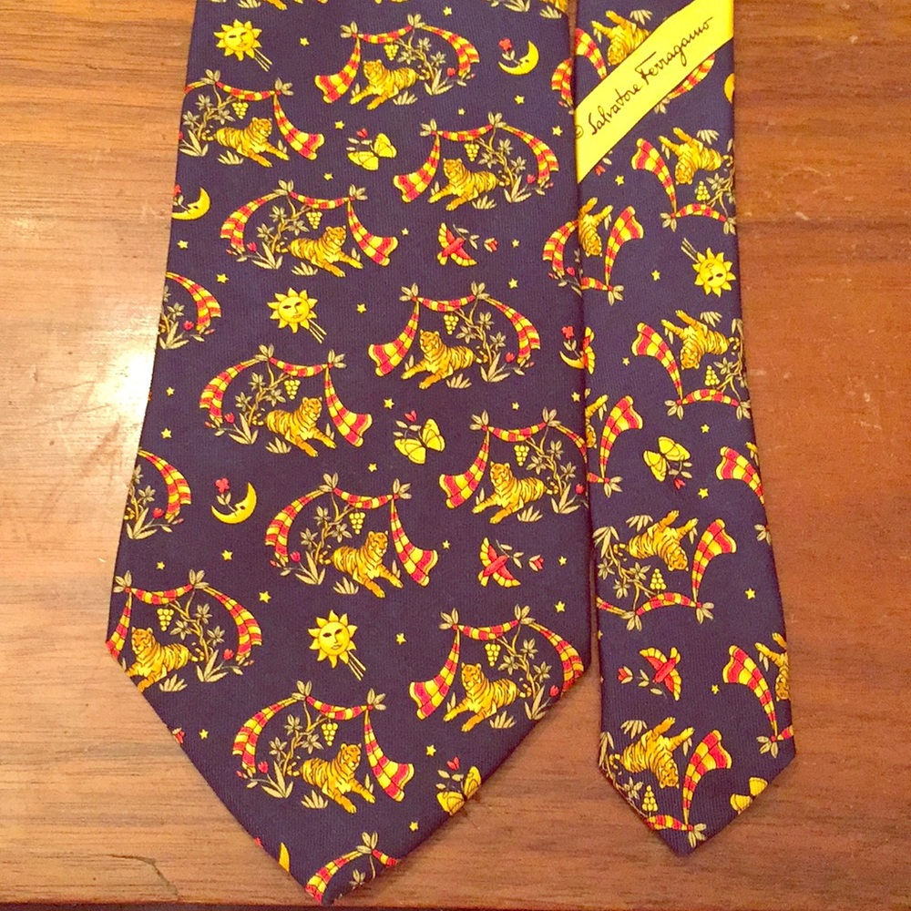 Ferragamo tie, silk navy blue, tigers, sun, moon